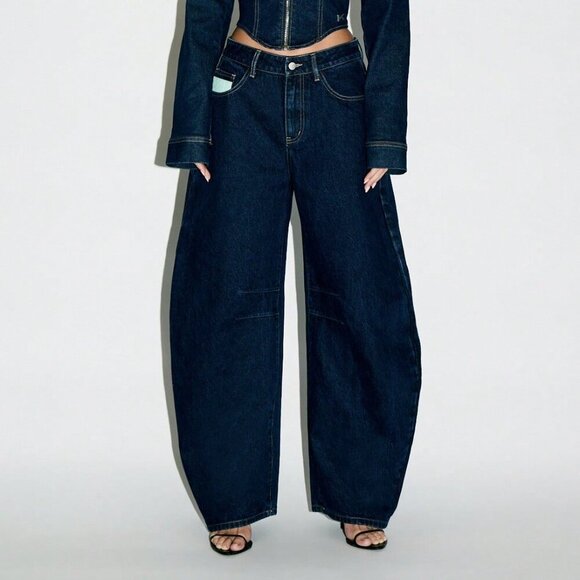 MODA ME COUTURE Denim - Dark Wash Casual Women's Barrel Cut Wide Leg High Waisted Jeans